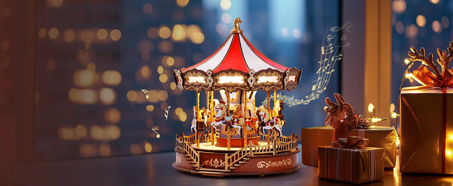 Robotime 3D Wooden Carousel Music Box with LED Lights
