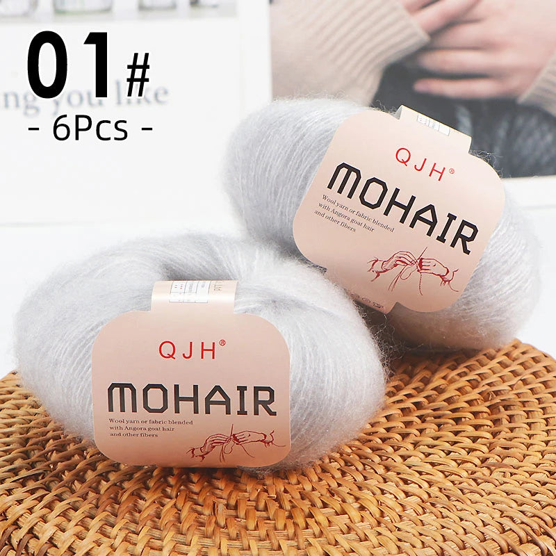 6pcs Soft Mohair Angora Yarn – Fluffy Lace Yarn for Knitting & Crochet (25g/pc)