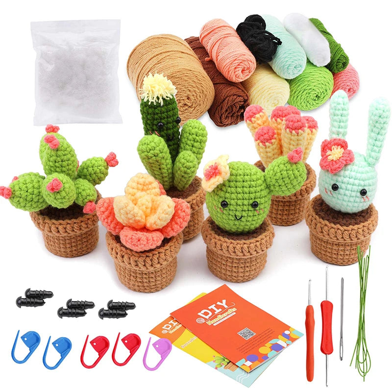 KRABALL 3/6pcs Cactus Crochet Starter Kit for Adults