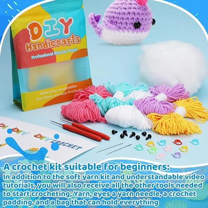 MIUSIE 2PCS DIY Animal Crochet Kit Whale Dolls with Wool Yarn (4 Colors)