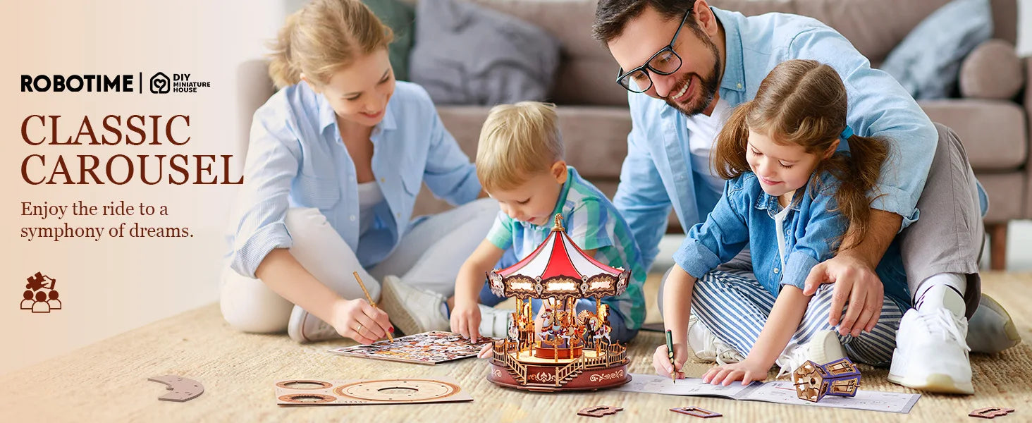 Robotime 3D Wooden Carousel Music Box with LED Lights