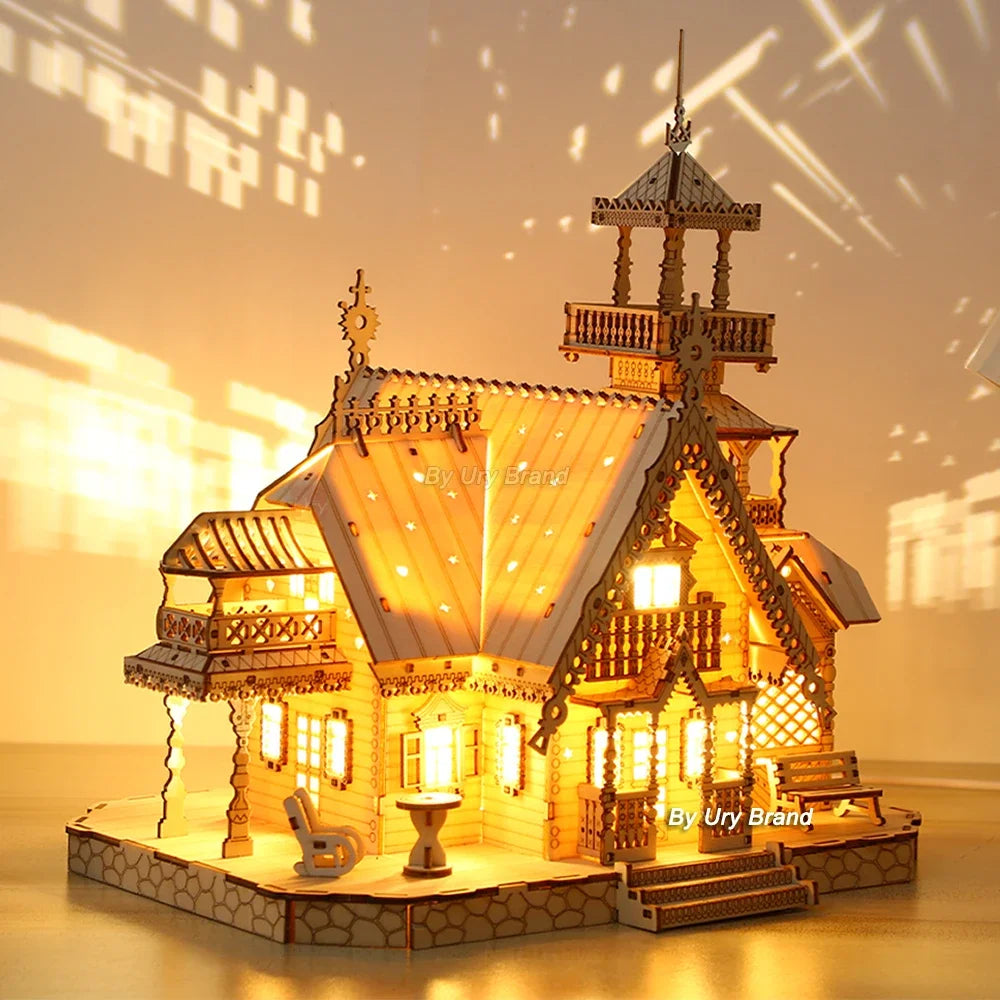 3D Wooden Puzzle Villa & Castle Model with Light