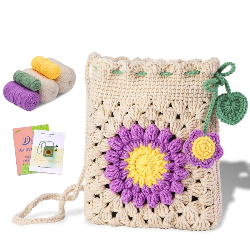 Complete Beginner Crochet Kit for Sunflower Bag for Adults with Video Tutorials