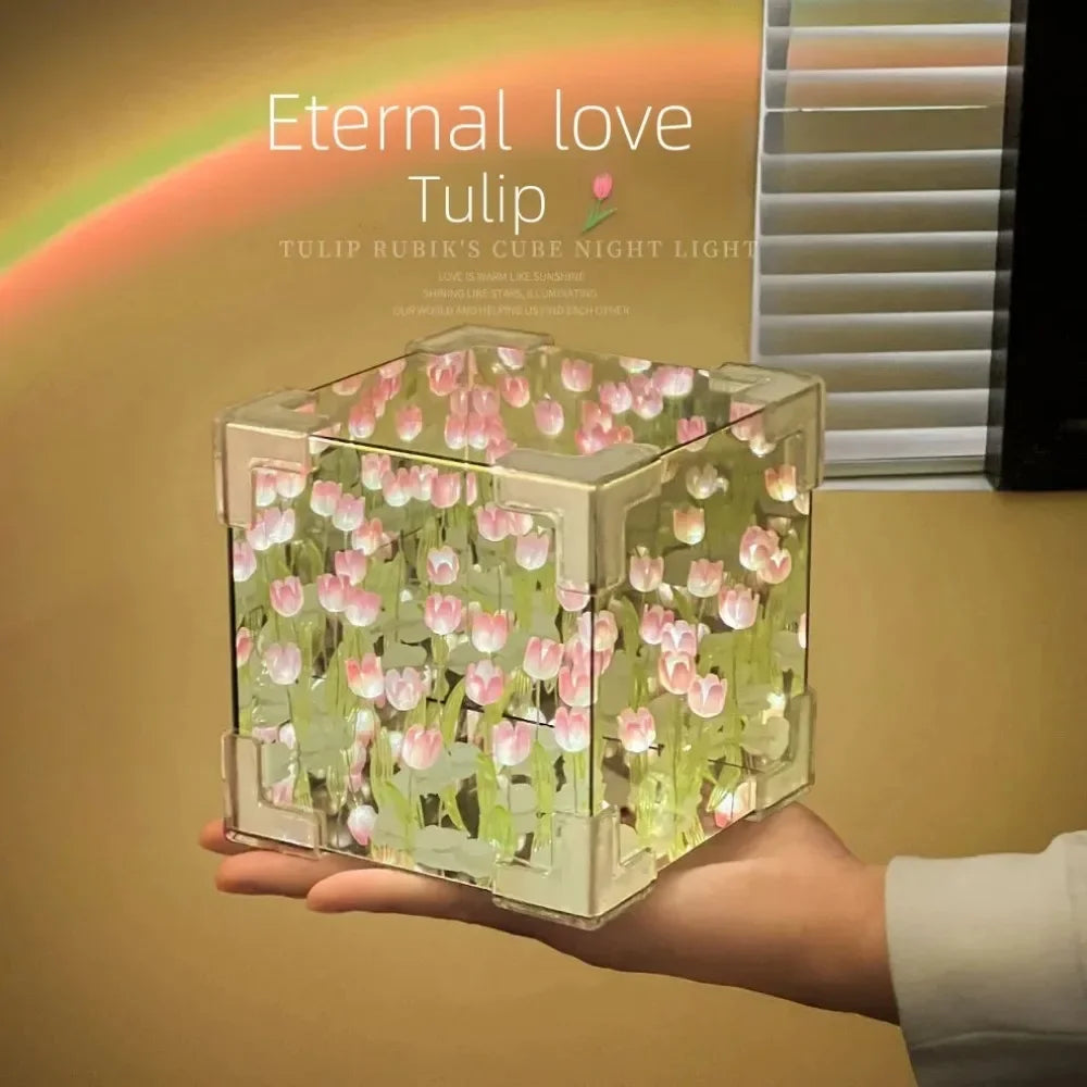 DIY Tulip Mirror Cube Lamp – Handmade Flower Night Light for Bedroom