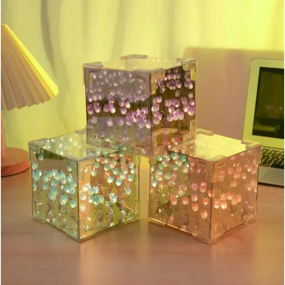 DIY Tulip Mirror Cube Lamp – Handmade Flower Night Light for Bedroom